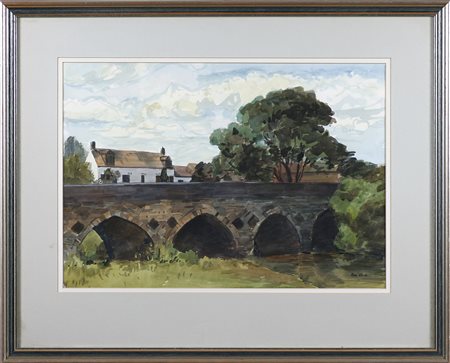 ABELL ROY (n. 1931) Ponte con case ed alberi. Acquerello su carta. Cm 58,00 x...