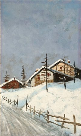 BUELLI PINO (n. 1910) Villaggio innevato. Olio su tavola. Cm 30,00 x 50,00....