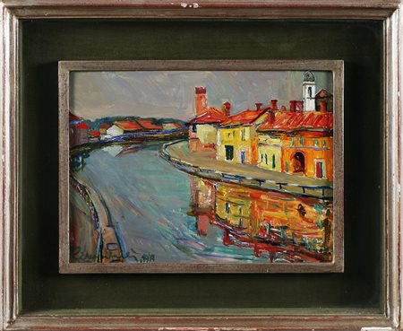 MUSITELLI GIULIO VITO (1901 - 1990) Paesaggio con fiume. 1971. Olio su...