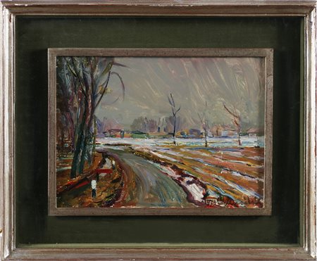 MUSITELLI GIULIO VITO (1901 - 1990) Paesaggio innevato. 1960. Olio su tavola....