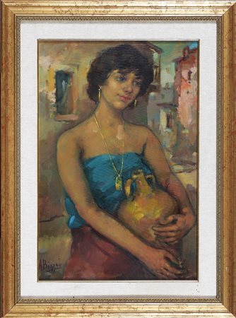 BIZZAI ALBERTO (1926 - 2004) Il ritorno dalla fonte. Olio su tela . Cm 40,00...