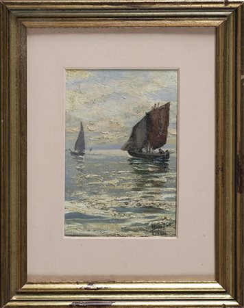 ANONIMO Barche a vela. Olio su tela applicato su cartone. Cm 11,50 x 17,00. A...