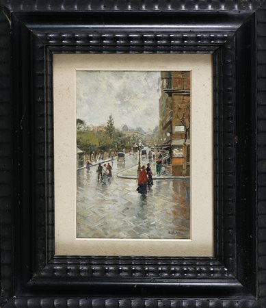 PRATELLA ATTILIO (1856 - 1949) Via di Napoli. Olio su tela applicato su...
