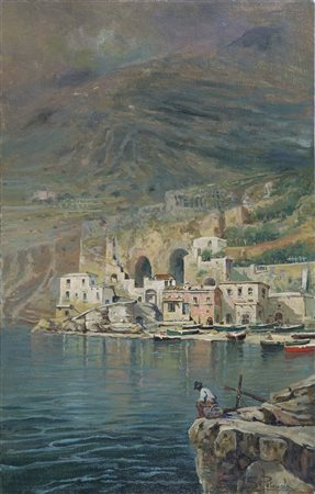 PETRUOLO SALVATORE (1857 - 1946) Veduta di paesaggio costiero. Olio su...