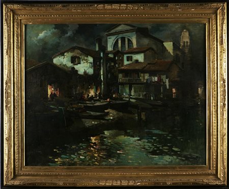 GIORDANO FELICE (1880 - 1964) Piccolo porto. Olio su tela . Cm 90,00 x 72,00....