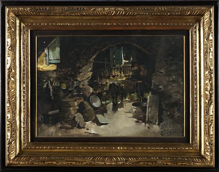 GIORDANO FELICE (1880 - 1964) Cantina e stallo con cavallo. Olio su tela . Cm...