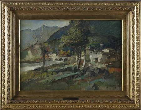GIORDANO FELICE (1880 - 1964) Casetta con piante alte. Olio su tela . Cm...