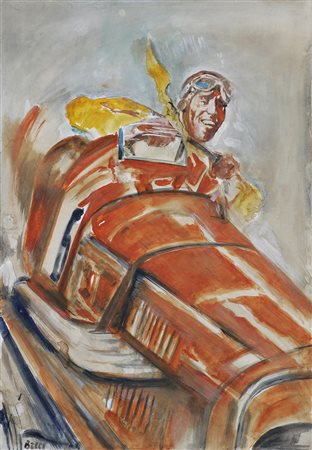 BUCCI ANSELMO (1887 - 1955) Nuvolari su Alfa. Acquerello su cartone. Cm 34,50...