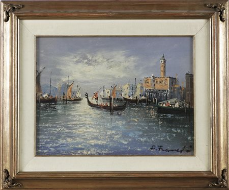 ANONIMO Gondole nella laguna. Olio su tavola. Cm 40,00 x 30,00. Firmato P....