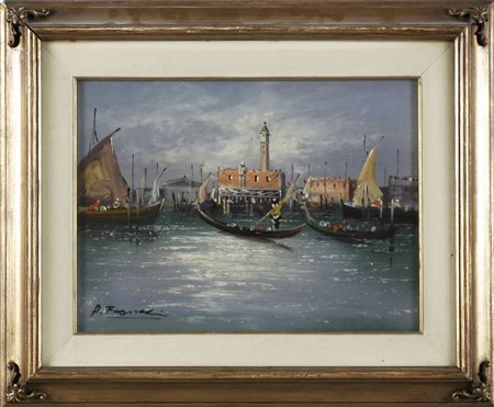 ANONIMO Gondole nella laguna. Olio su tavola. Cm 40,00 x 30,00. Firmato P....