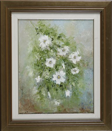 ANONIMO Campanile. 1986. Olio su tela . Cm 40,00 x 50,00. Firma Rivolta e...