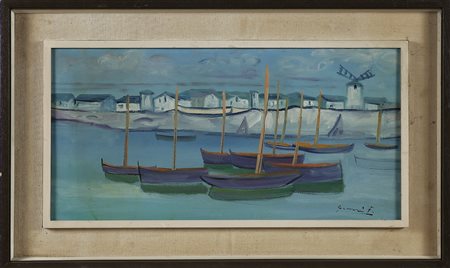 ANONIMO Barche. Olio su tela . Cm 61,50 x 32,50. Firma illeggibile in basso a...