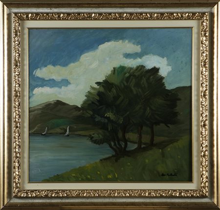 BERLENDIS PINO Paesaggio lacustre. Olio su tela . Cm 60,00 x 55,00. Firma in...