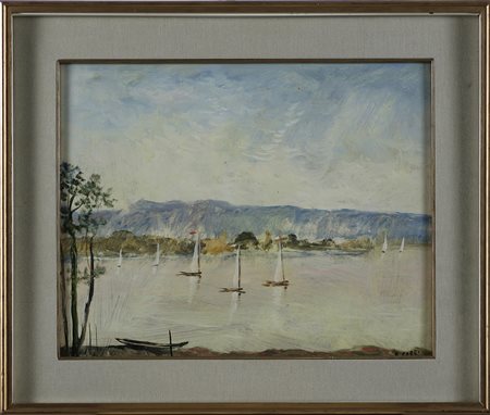 CERRI EUGENIO Paesaggio con barche a vela. 1988. Olio su faesite. Cm 50,00 x...