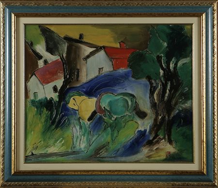 ANONIMO Case colorate. Olio su tela . Cm 60,00 x 50,00. Firmato Ratti in...