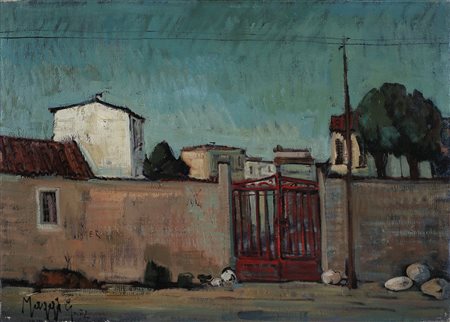 MAGGI GIAMPIETRO (n. 1934) Cancello rosso. 1972. Olio su tela . Cm 70,00 x...