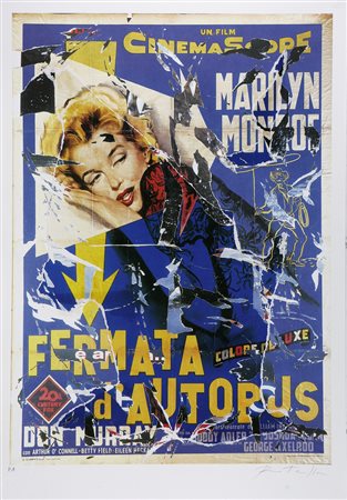 ROTELLA MIMMO (1918 - 2006) Fermata d'autobus. Litodecollage. Cm 70,00 x...