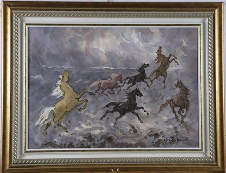 FALZONI GIULIO (1900 - 1978) Cavalli sulla battigia. Acquerello su cartone....