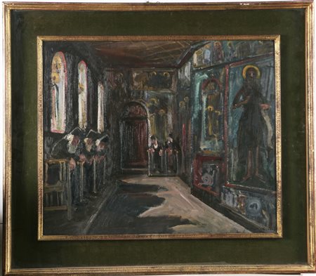 MATTIOLI ARMENO (n. 1920) Preghiera a Monte Athos. 1967. Olio su cartone. Cm...