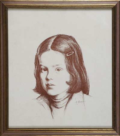 ANONIMO Volto di fanciulla. Sanguigna su carta . Cm 39,00 x 44,00. Firma...