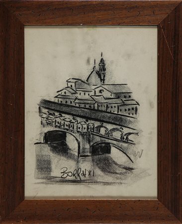 BORRANI ANTONIO Firenze, Ponte Vecchio. Carboncino su carta. Cm 39,00 x...