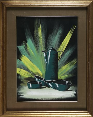 ANONIMO Moka con tazzine. Olio su cartone. Cm 35,00 x 45,00. Firma in basso a...