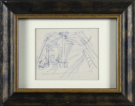 DEPERO FORTUNATO (1892 - 1960) La subway a New York. Inchiostro blu su carta....