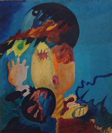 FRATTI FRANCO (1939 - 2002) Volto con mano alzata. Olio su tela. Cm 50,00 x...