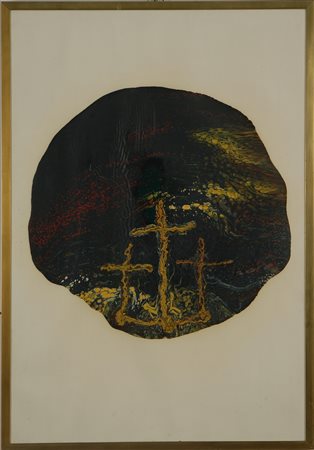RAMUCCIK Tre croci Golgota. Tempera su carta. Cm 70,00 x 100,00. . Cornice...