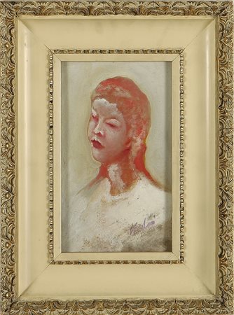 ANONIMO Volto di donna . Olio su cartoncino. Cm 25,00 x 15,00. Firma in basso...