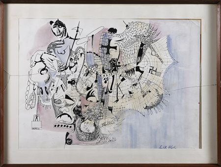 Rebus. Tecnica mista su carta. Cm 68,00 x 49,00. Firma in basso a destra....