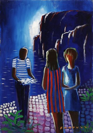 FANTUZZI ELIANO (1909 - 1987) Venditore di pesce e due donne. 1974. Olio su...