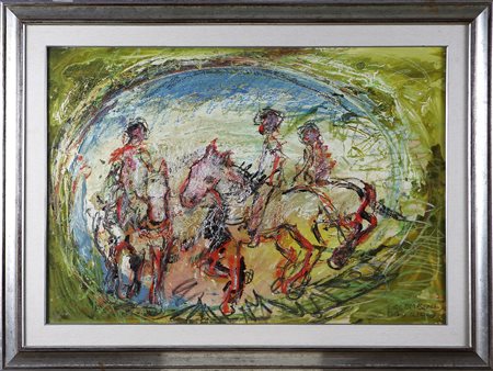 COLOMBINI MAURILIO (n. 1933) Cavalieri. Olio su compensato. Cm 100,00 x...