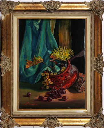 ANONIMO Natura morta. Olio su faesite. Cm 30,00 x 40,00. Firma in basso a...