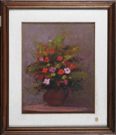 ANONIMO Natura morta di fiori. Olio su compensato. Cm 40,00 x 50,00. Firma in...