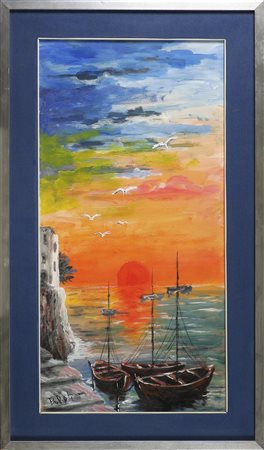 ANONIMO Marina con barca. Olio su tavola. Cm 40,00 x 80,00. Firma in basso a...
