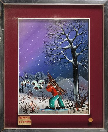 STIPETIC JASMINKA Raccoglitore di legna. 1975. Olio su tela . Cm 31,00 x...