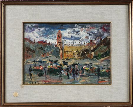 ALBERTINI LUCIANO (1910 - 1985) Piazza Erbe, Verona. Olio su faesite. Cm...