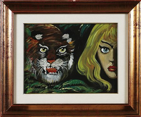 MUSSOLINI ROMANO (1927 - 2008) Tigre e fanciulla. Olio su tela . Cm 40,00 x...