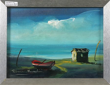 MUSSOLINI ROMANO (1927 - 2008) L'angolo del pescatore. Tecnica mista su...