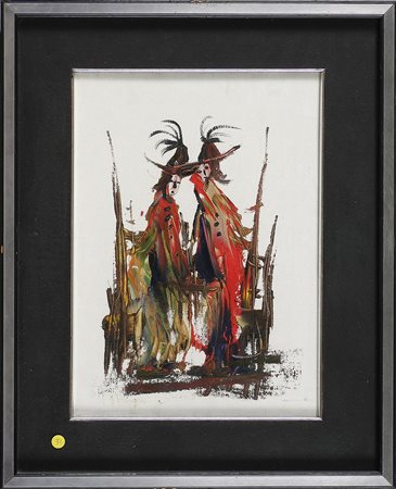 ANONIMO Due personaggi. Olio su tela . Cm 35,00 x 25,00. Firma illeggibile in...