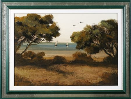 BORGHI Trasimeno. Olio su faesite. Cm 70,00 x 50,00. Firma nel mezzo. Al...