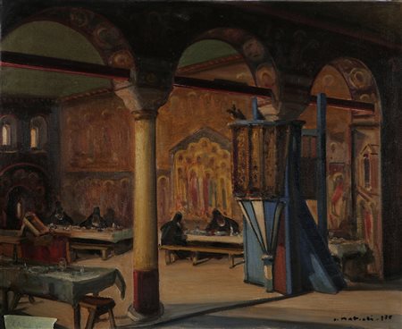 MATTIOLI ARMENO (n. 1920) Interno di chiesa. 1975. Olio su tela . Cm 80,00 x...