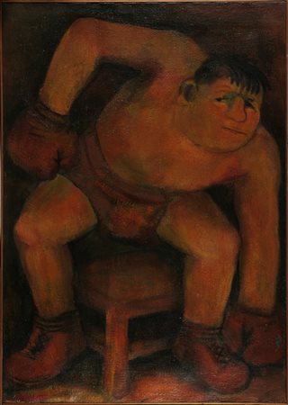 PASETTO REMO (n. 1925) Pugile. Olio su tela . Cm 81,00 x 115,00. Firma in...