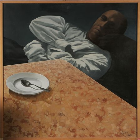 ANONIMO Il tavolo. 1973. Olio su tela . Cm 80,00 x 80,00. Firma Volpi e data...