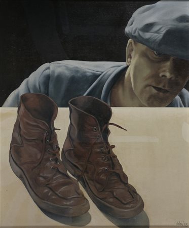 ANONIMO Le scarpe. 1973. Olio su tela . Cm 45,00 x 50,00. Firmato Volpi e...
