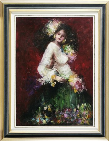 BONCINELLI GIUSI Zingara rossa. 1991. Olio su tavola. Cm 50,00 x 70,00. Firma...