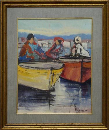 Due barche e barcaioli. Olio su compensato. Cm 36,00 x 48,00. Firma in basso...