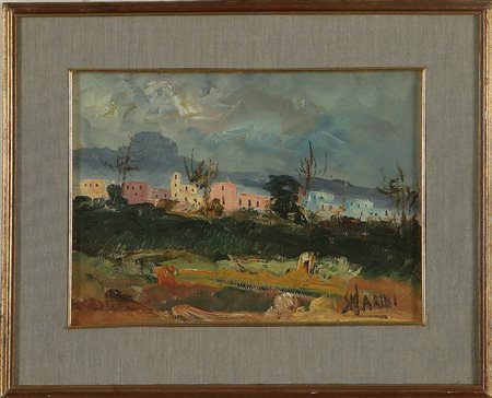 Paesaggio e case. Olio su compensato. Cm 37,00 x 27,00. Firma in basso a...