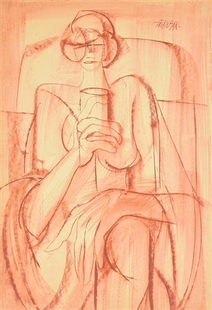 GIANBAR (Gianni Baretta) DONNA CON BICCHIERE tecnica mista su carta, cm 50x35...